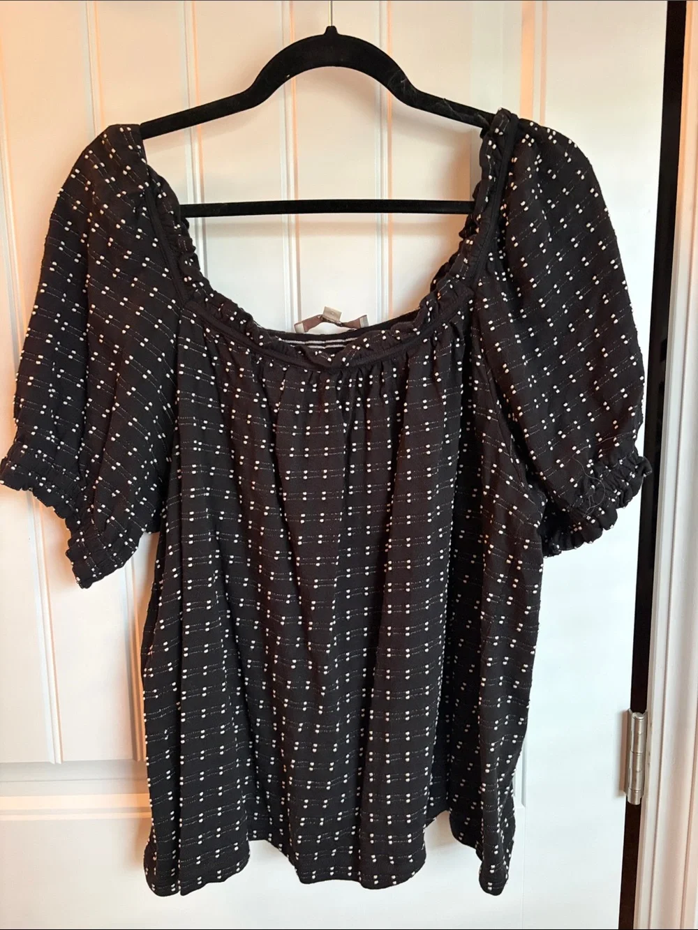 LOFT Black Puff-Sleeve Square Neck Blouse with White Dot Grid